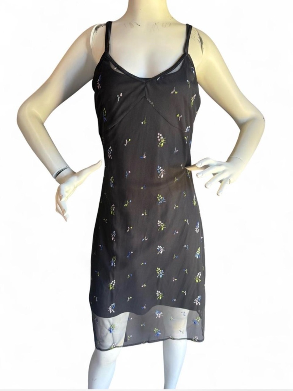 Vintage 1990s Express Tricot black sheer floral slip dress